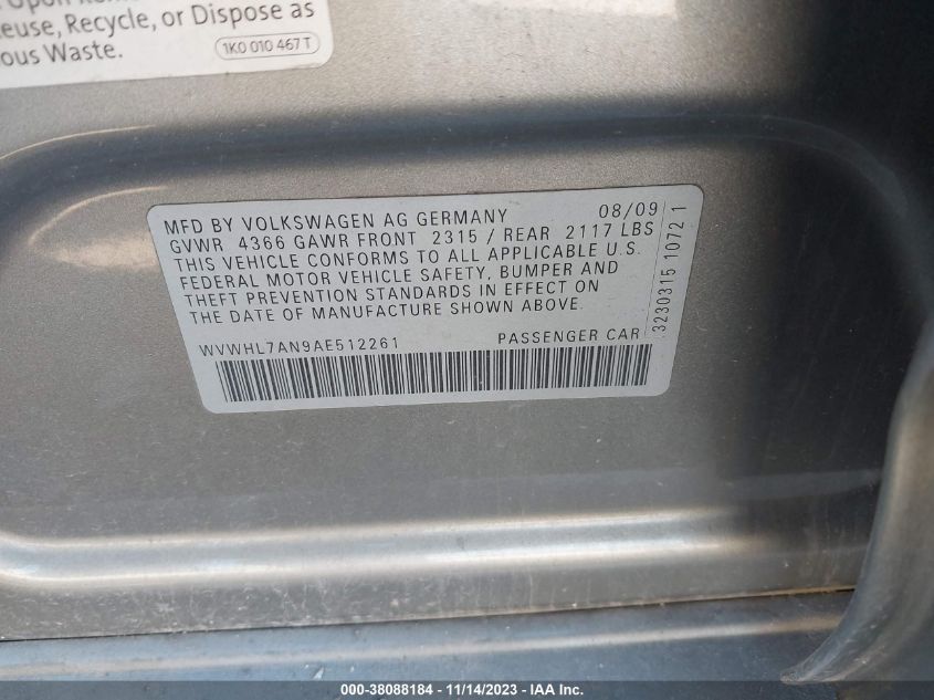 2010 Volkswagen Cc Luxury VIN: WVWHL7AN9AE512261 Lot: 38088184