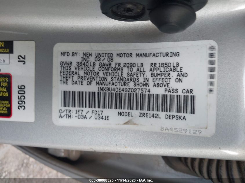 2009 Toyota Corolla S/Le/Xle VIN: 1NXBU40E49Z027574 Lot: 38088525