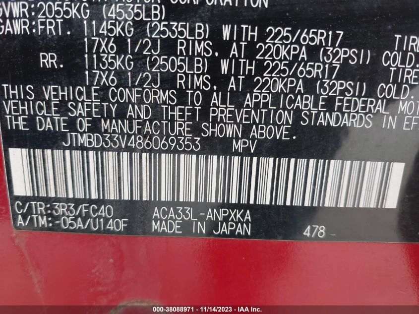 2008 Toyota Rav4 VIN: JTMBD33V486069353 Lot: 38088971