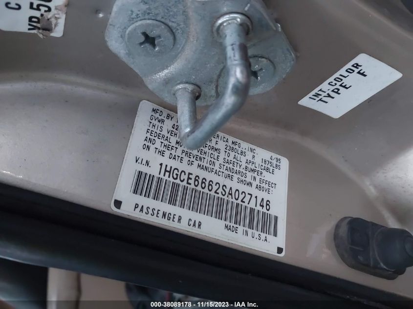 1995 Honda Accord Ex VIN: 1HGCE6662SA027146 Lot: 38089178