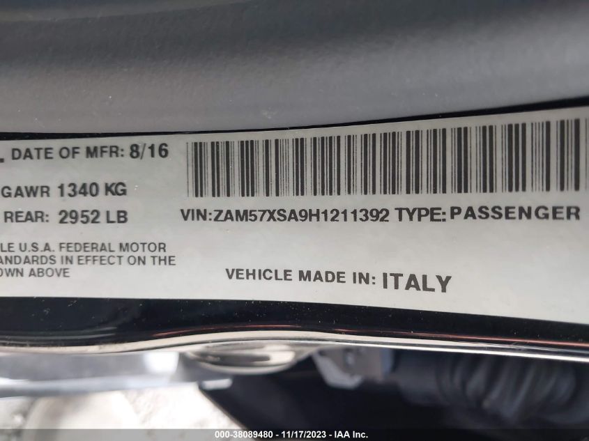2017 Maserati Ghibli VIN: ZAM57XSA9H1211392 Lot: 38089480