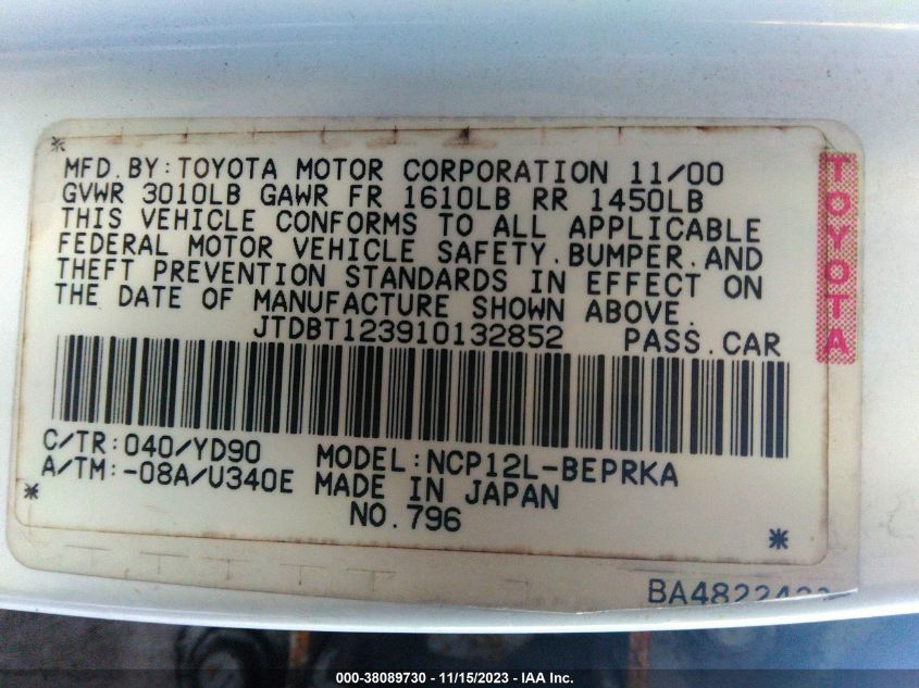 JTDBT123910132852 2001 Toyota Echo Base (A4)/Base (M5)