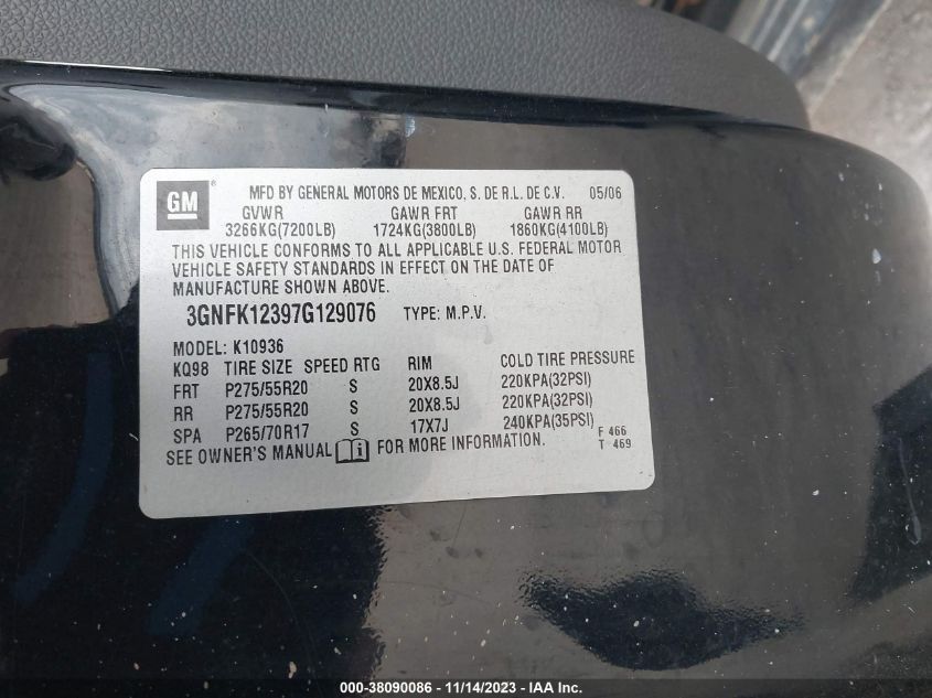 2007 Chevrolet Avalanche Ltz VIN: 3GNFK12397G129076 Lot: 38090086