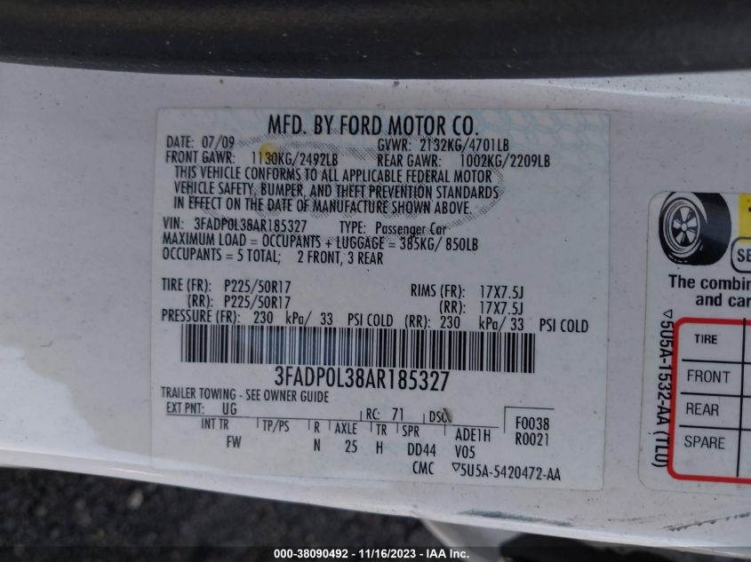 2010 Ford Fusion Hybrid VIN: 3FADP0L38AR185327 Lot: 38090492