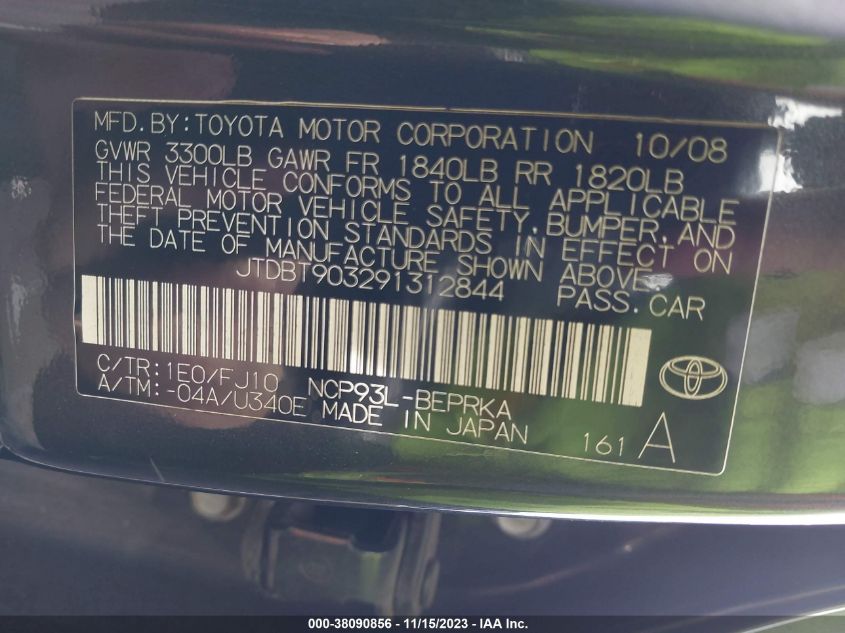 2009 Toyota Yaris VIN: JTDBT903291312844 Lot: 38090856