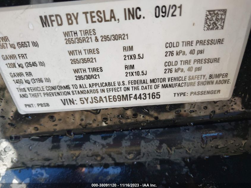 2021 Tesla Model S Plaid Tri Motor All-Wheel Drive VIN: 5YJSA1E69MF443165 Lot: 38091120