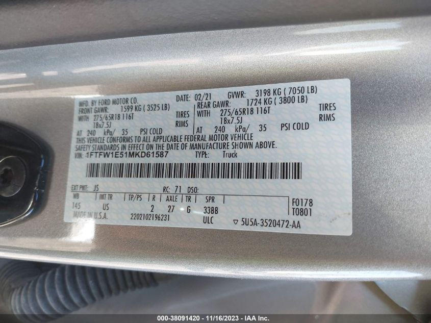 1FTFW1E51MKD61587 2021 Ford F-150 Xlt