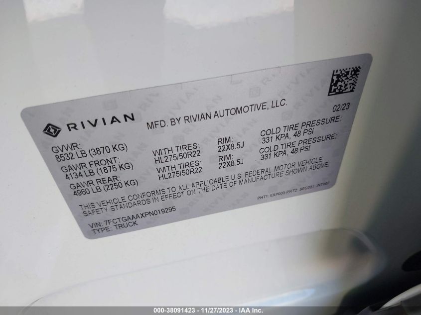 2023 Rivian R1T Adventure Quad-Motor Large Pack VIN: 7FCTGAAAXPN019295 Lot: 38091423