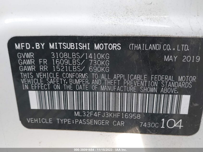 2019 Mitsubishi Mirage G4 Se VIN: ML32F4FJ3KHF16958 Lot: 38091654