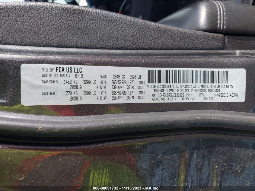 1C4RDJDG5LC131369 2020 Dodge Durango Gt Plus Awd