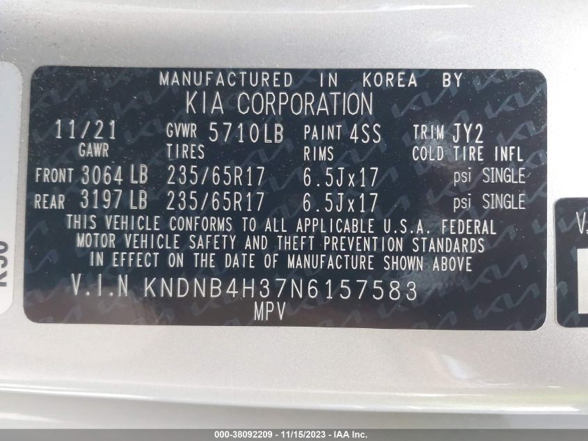 2022 Kia Carnival Mpv Lx Seat Package VIN: KNDNB4H37N6157583 Lot: 38092209