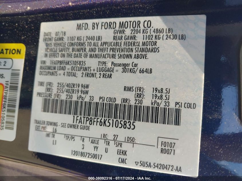 2019 Ford Mustang Gt Premium VIN: 1FATP8FF6K5105835 Lot: 38092316