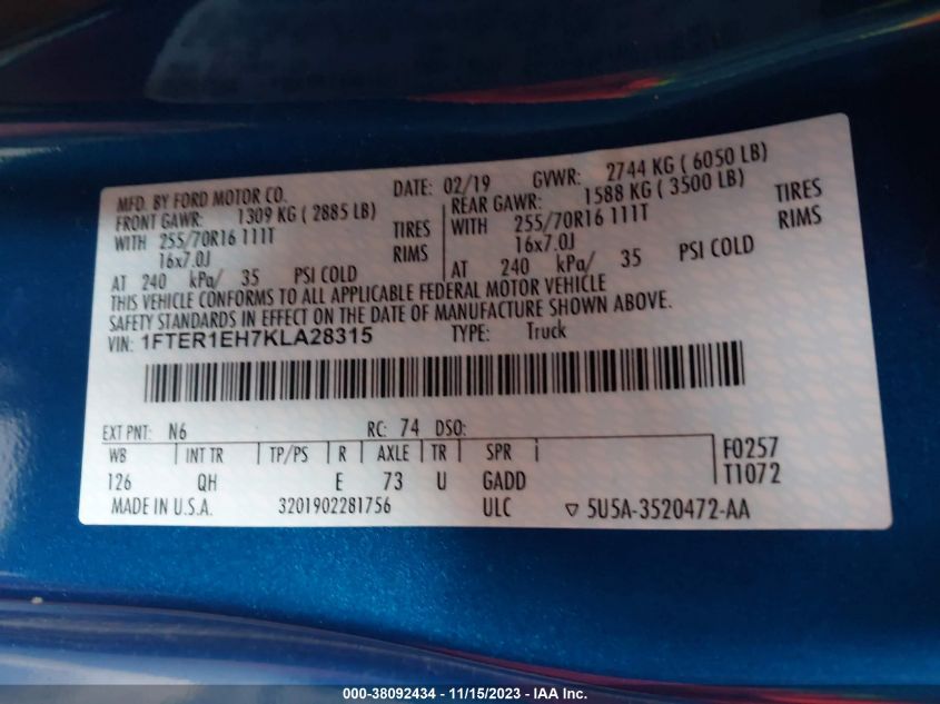 2019 Ford Ranger Xl VIN: 1FTER1EH7KLA28315 Lot: 38092434