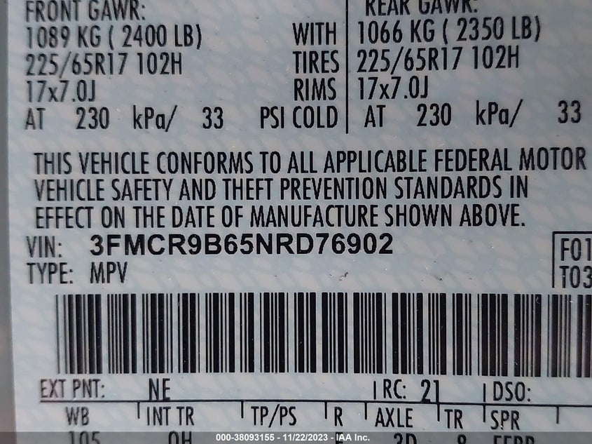 2022 Ford Bronco Sport Big Bend VIN: 3FMCR9B65NRD76902 Lot: 38093155