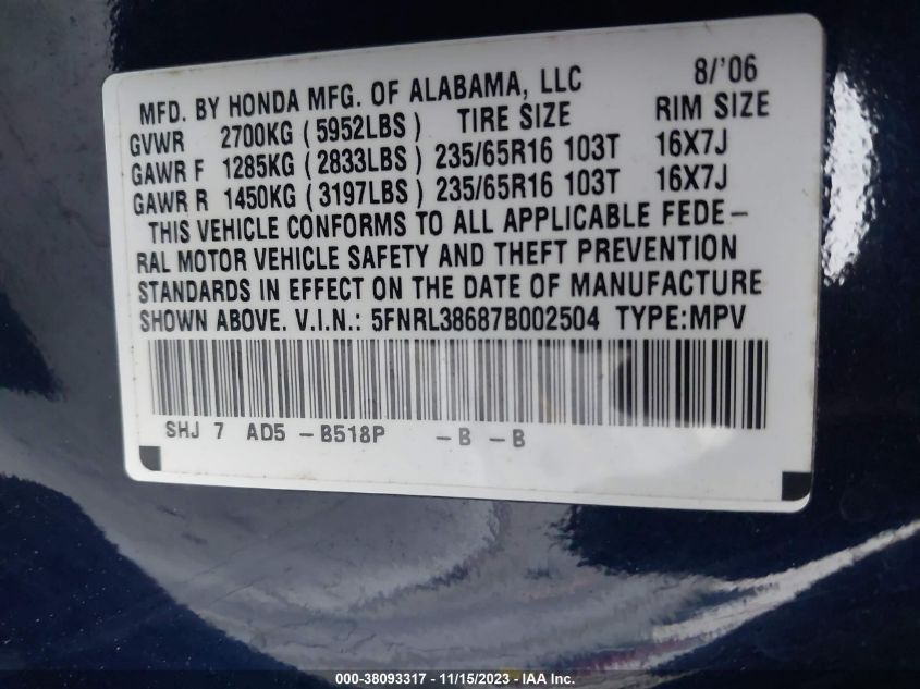 2007 Honda Odyssey Ex-L VIN: 5FNRL38687B002504 Lot: 38093317