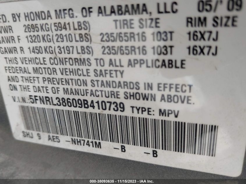 2009 Honda Odyssey Ex-L VIN: 5FNRL38609B410739 Lot: 38093635