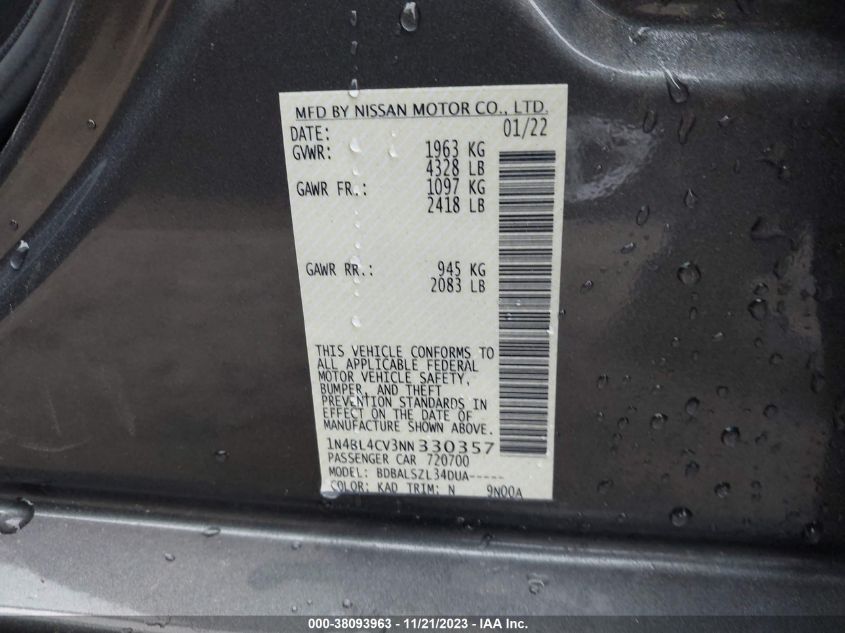 2022 Nissan Altima Sr Fwd VIN: 1N4BL4CV3NN330357 Lot: 38093963