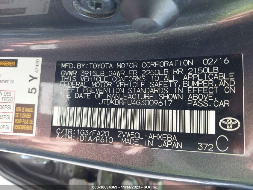 2016 Toyota Prius Two VIN: JTDKBRFU4G3009617 Lot: 38094369