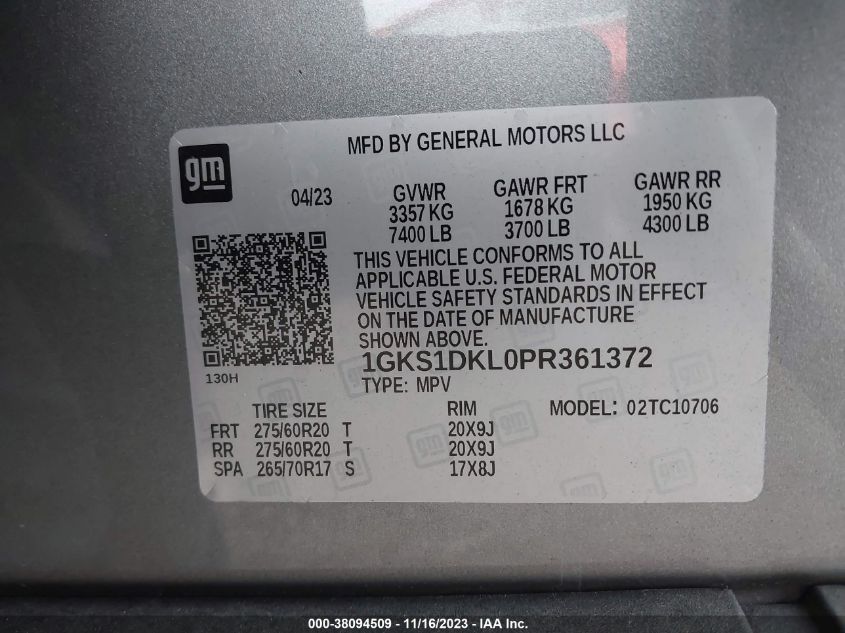 2023 GMC Yukon 2Wd Denali VIN: 1GKS1DKL0PR361372 Lot: 38094509