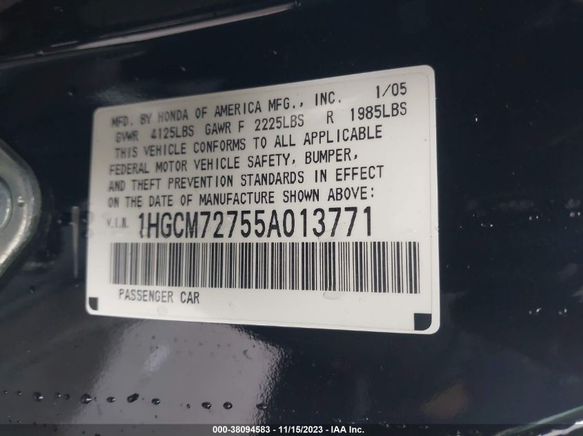 2005 Honda Accord 2.4 Ex VIN: 1HGCM72755A013771 Lot: 38094583