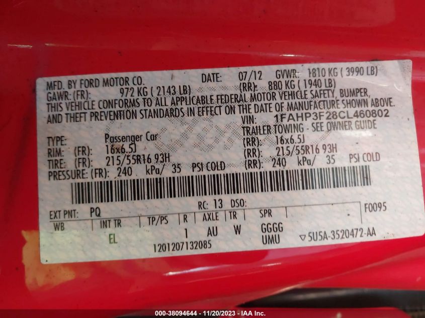 2012 Ford Focus Se VIN: 1FAHP3F28CL460802 Lot: 38094644