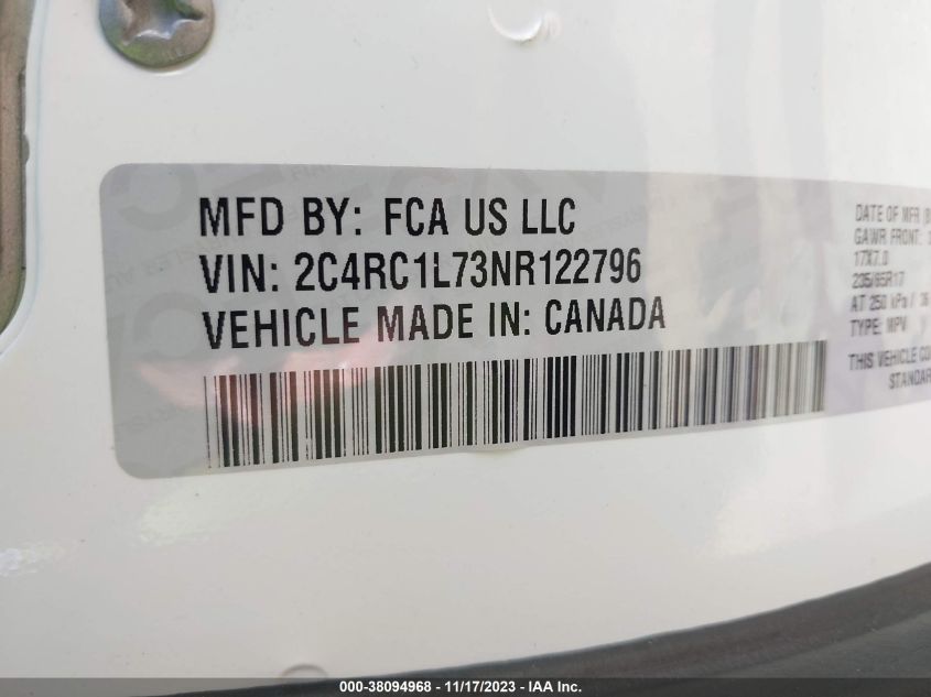 2022 Chrysler Pacifica Hybrid Touring L VIN: 2C4RC1L73NR122796 Lot: 38094968