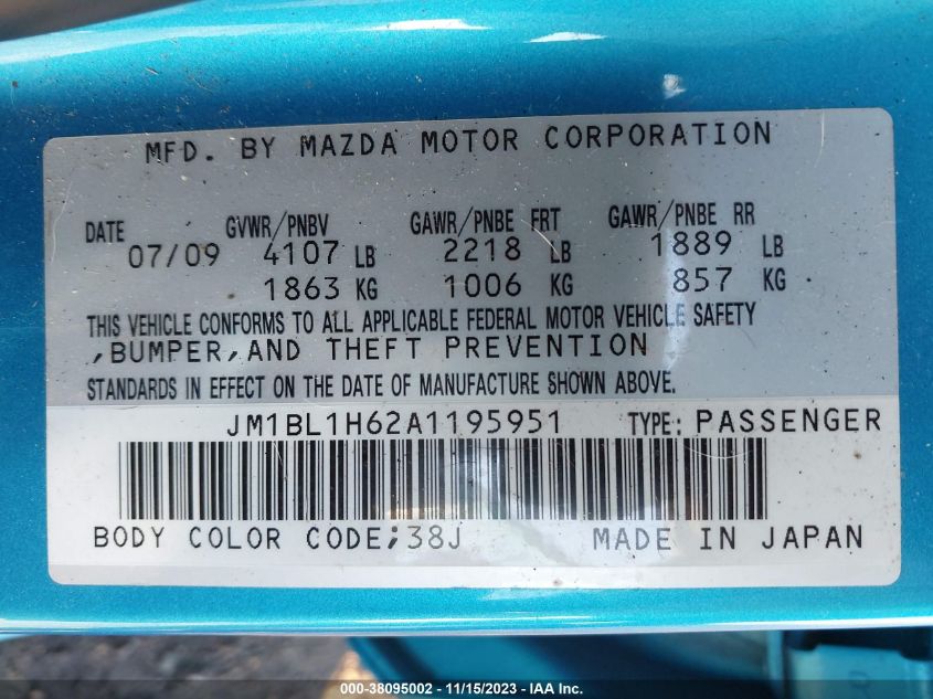 2010 Mazda Mazda3 S Grand Touring VIN: JM1BL1H62A1195951 Lot: 38095002