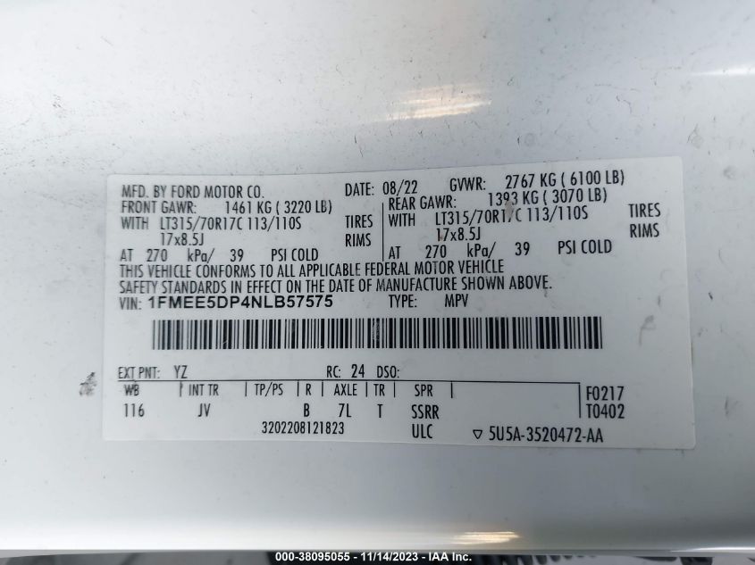 2022 Ford Bronco Outer Banks VIN: 1FMEE5DP4NLB57575 Lot: 38095055