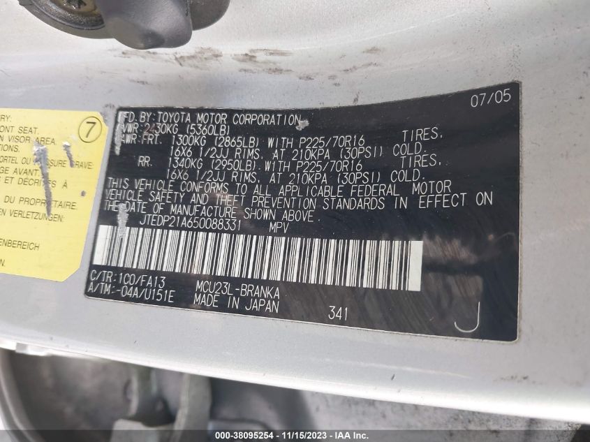 2005 Toyota Highlander V6 VIN: JTEDP21A650088331 Lot: 38095254
