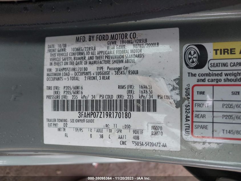 2009 Ford Fusion Se VIN: 3FAHP07Z19R170180 Lot: 38095364