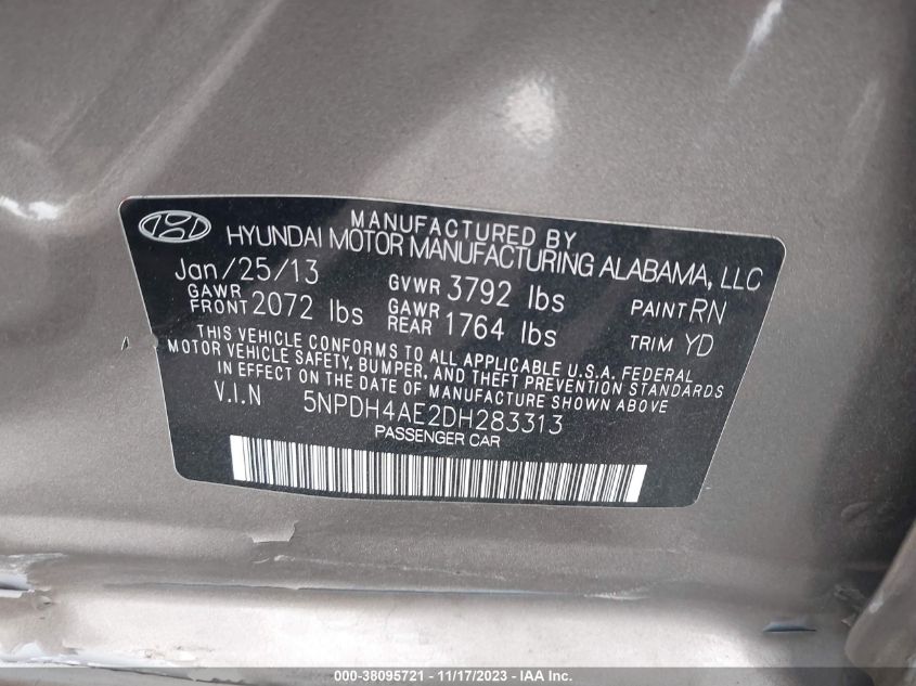 2013 Hyundai Elantra Gls VIN: 5NPDH4AE2DH283313 Lot: 38095721