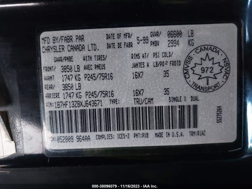 1999 Dodge Ram 1500 VIN: 1B7HF13Z8XJ643671 Lot: 38096079