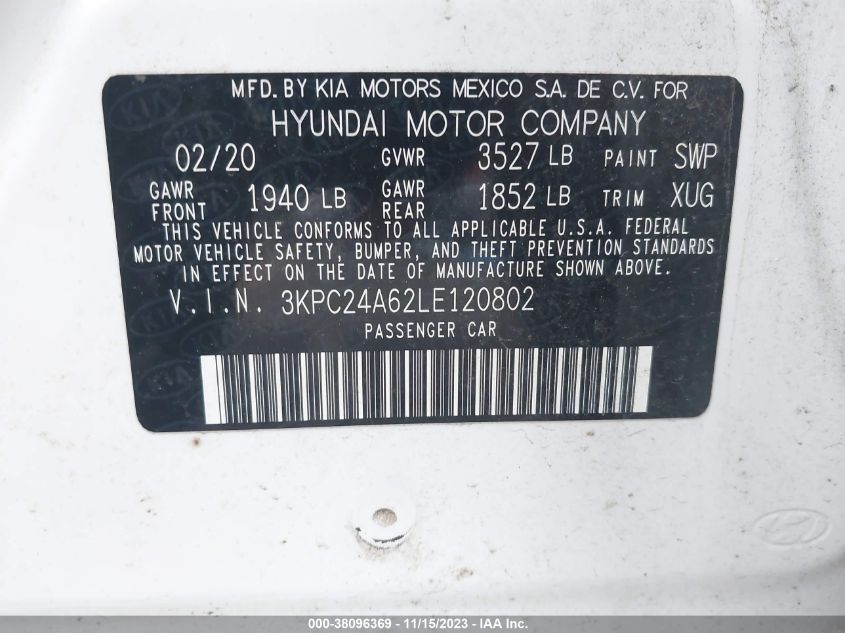 2020 Hyundai Accent Se VIN: 3KPC24A62LE120802 Lot: 38096369