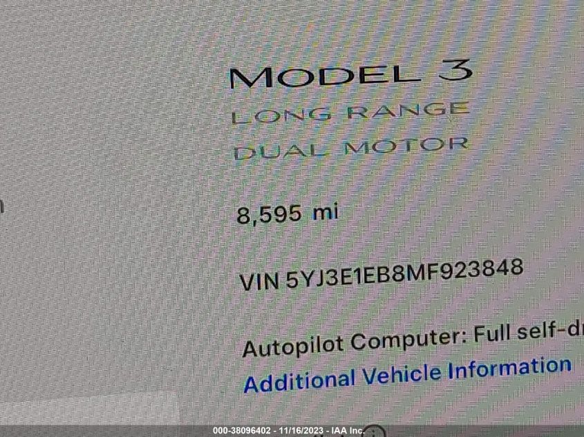 2021 Tesla Model 3 Long Range Dual Motor VIN: 5YJ3E1EB8MF923848 Lot: 38096402