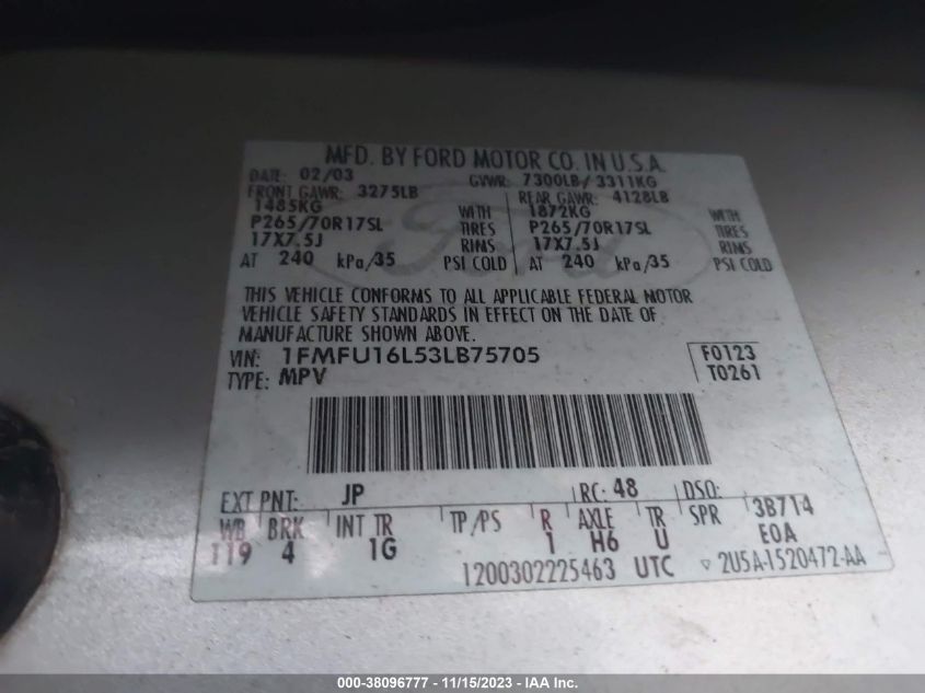 2003 Ford Expedition Xlt VIN: 1FMFU16L53LB75705 Lot: 38096777