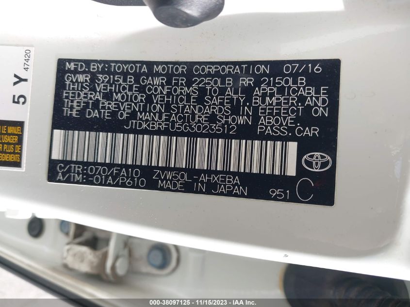 2016 Toyota Prius Two VIN: JTDKBRFU5G3023512 Lot: 38097125