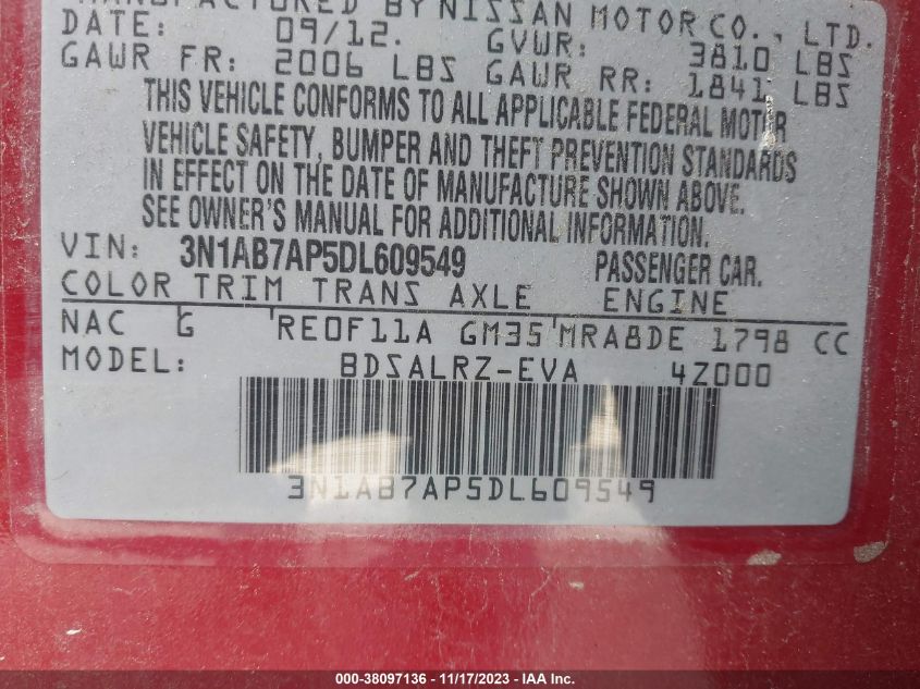 2013 Nissan Sentra Sr VIN: 3N1AB7AP5DL609549 Lot: 38097136