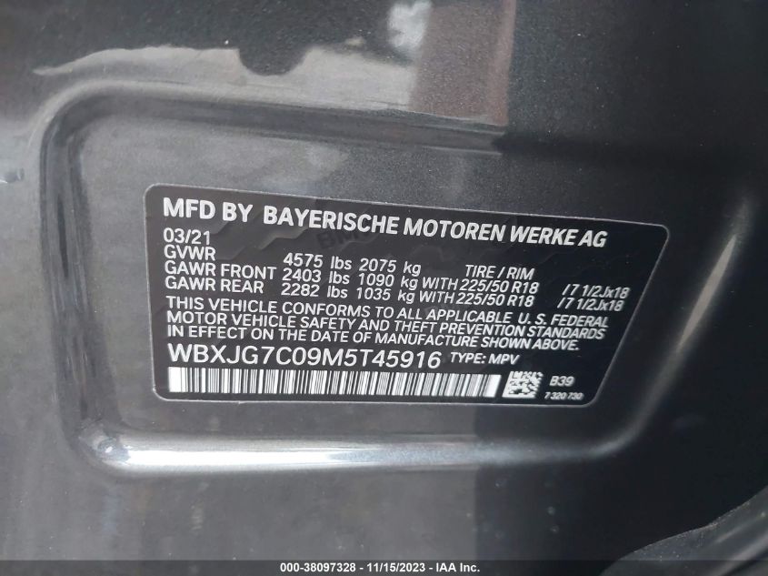 2021 BMW X1 Sdrive28I VIN: WBXJG7C09M5T45916 Lot: 38097328