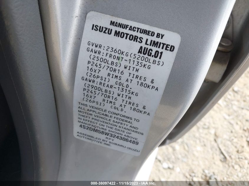 2002 Isuzu Rodeo Ls/Lse/S VIN: 4S2DM58W324306489 Lot: 38097422