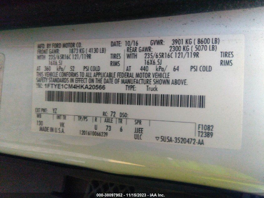 2017 Ford Transit Van VIN: 1FTYE1CM4HKA20566 Lot: 38097952