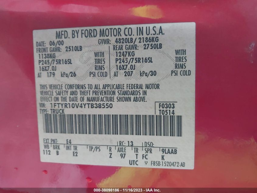 2000 Ford Ranger Xl/Xlt VIN: 1FTYR10V4YTB38550 Lot: 38098186