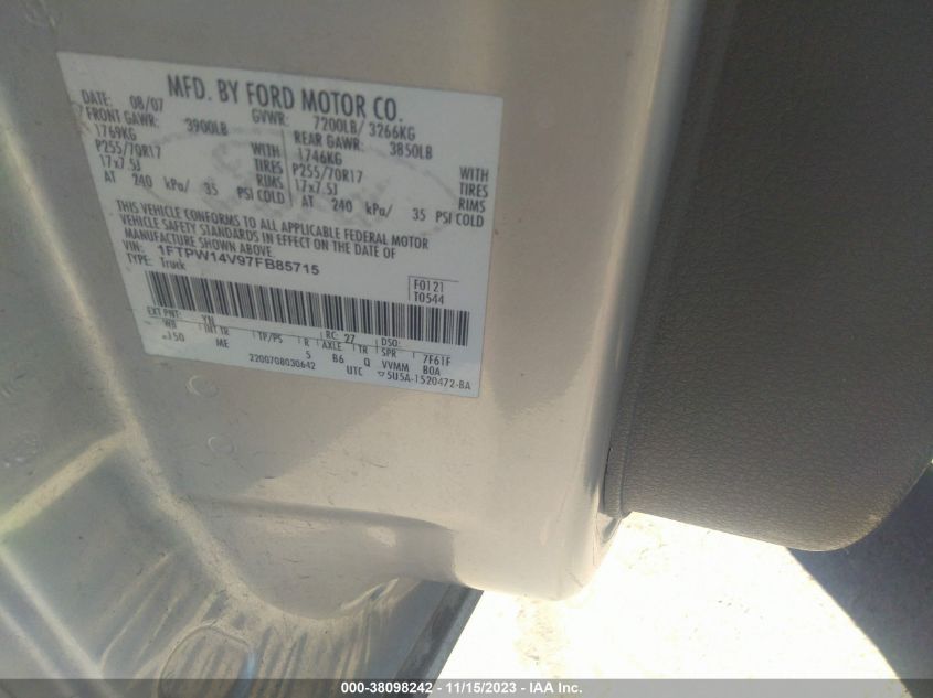 2007 Ford F-150 Fx4/Lariat/Xlt VIN: 1FTPW14V97FB85715 Lot: 38098242