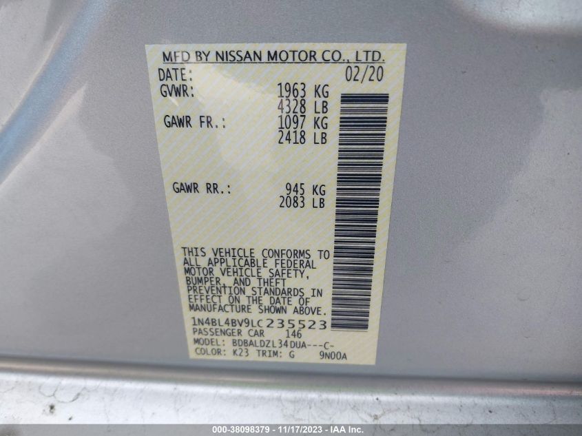 2020 Nissan Altima S Fwd VIN: 1N4BL4BV9LC235523 Lot: 38098379