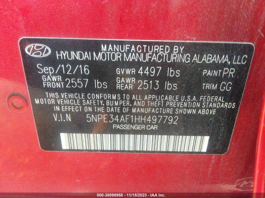 2017 Hyundai Sonata Sport VIN: 5NPE34AF1HH497792 Lot: 38098958