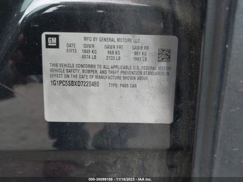 2013 Chevrolet Cruze 1Lt VIN: 1G1PC5SBXD7220480 Lot: 38099188