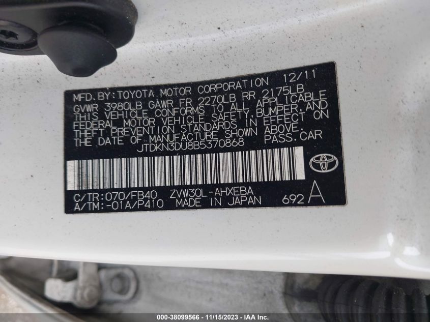 2011 Toyota Prius Two VIN: JTDKN3DU8B5370868 Lot: 38099566