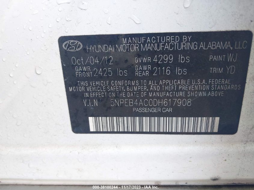 5NPEB4AC0DH617908 2013 Hyundai Sonata Gls