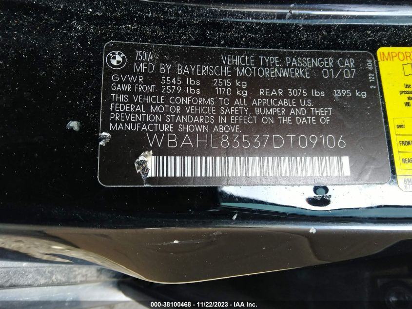 2007 BMW 750I VIN: WBAHL83537DT09106 Lot: 43411029