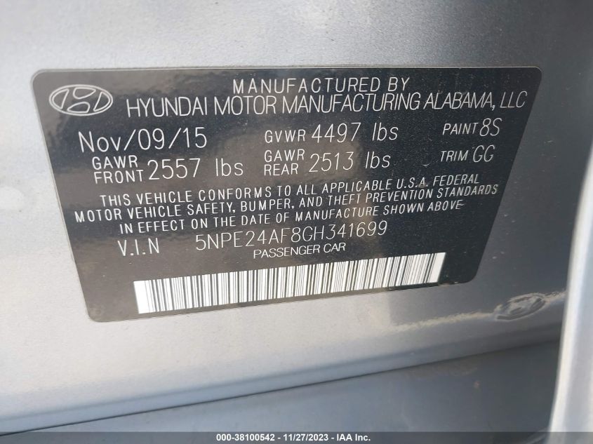 2016 Hyundai Sonata Se VIN: 5NPE24AF8GH341699 Lot: 37928513