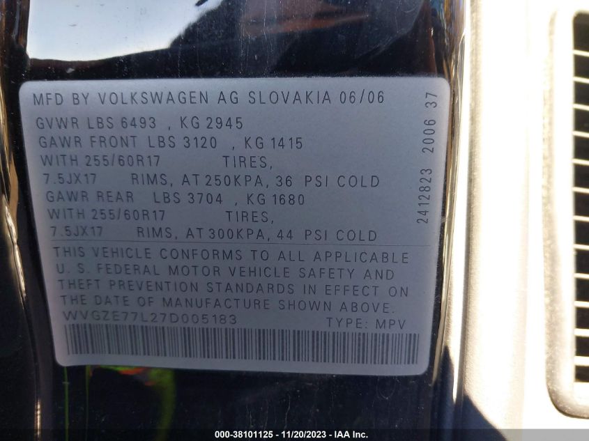 WVGZE77L27D005183 2007 Volkswagen Touareg V6